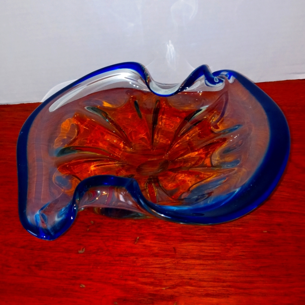 VINTAGE MURANO ART GLASS BLUE AMBER BOWL DISH ASHTRAY 11
